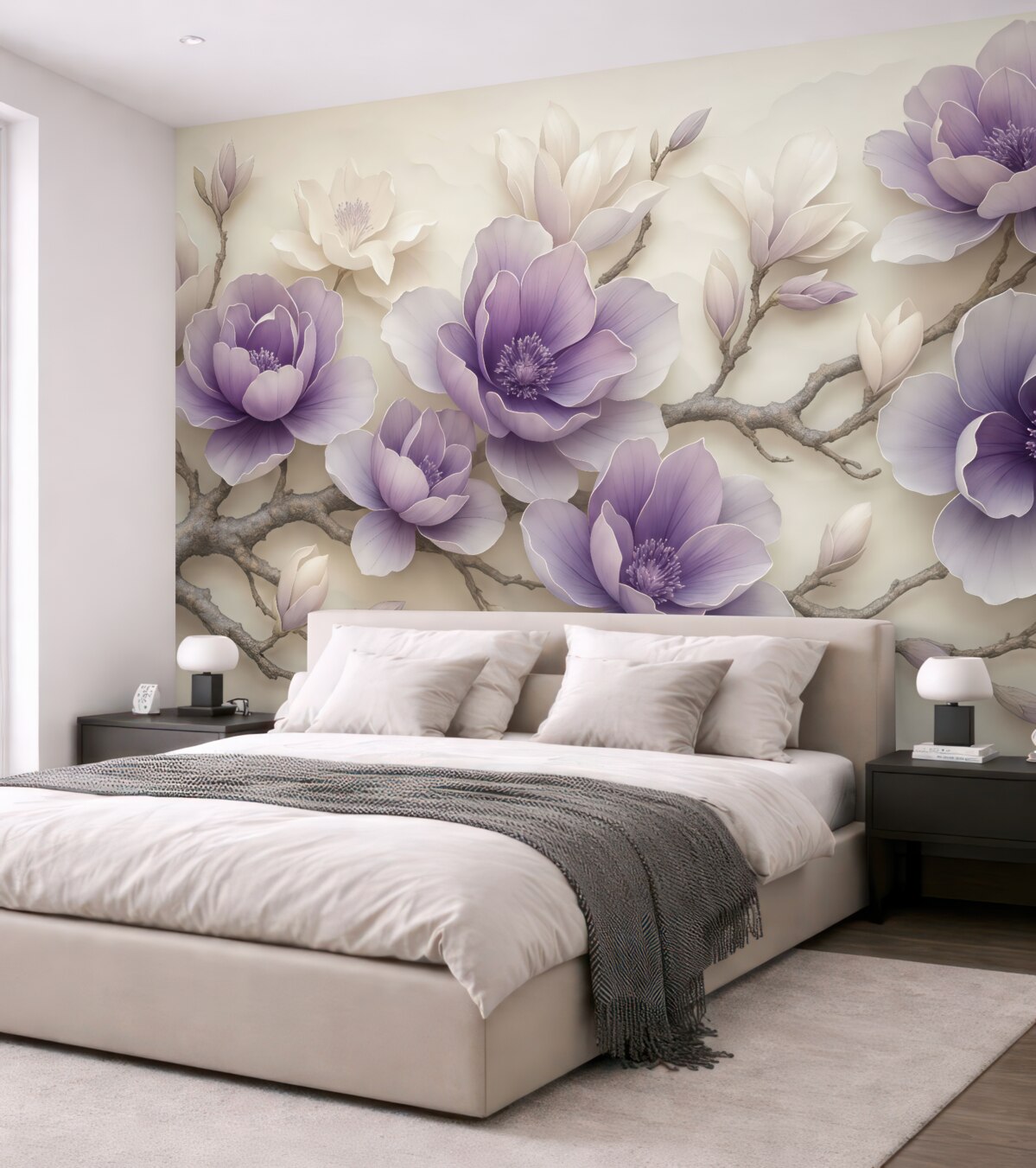 Fototapeta Fioletowe wypukłe kwiaty magnolii na subtelnej gałęzi.