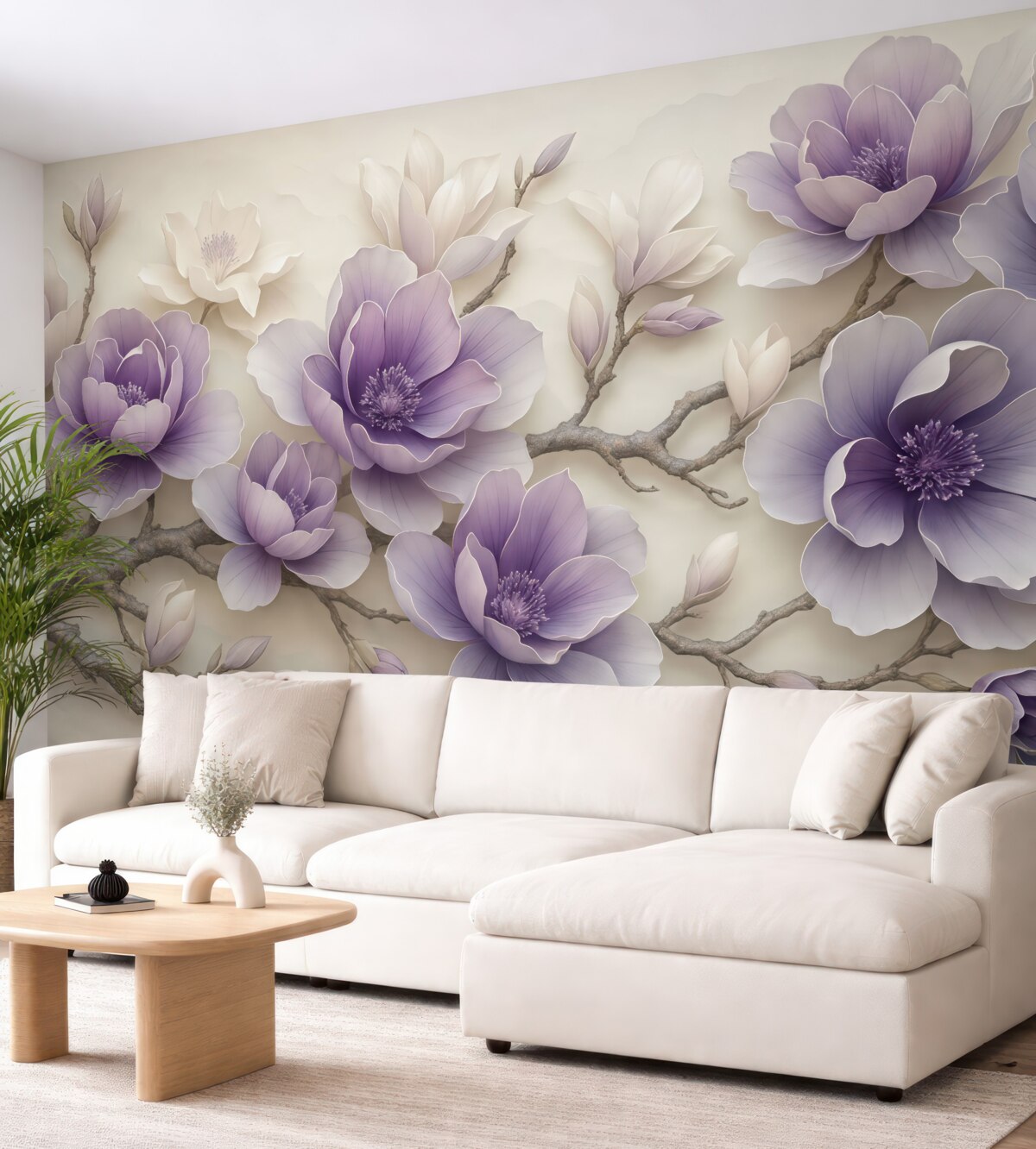 Fototapeta Fioletowe wypukłe kwiaty magnolii na subtelnej gałęzi.