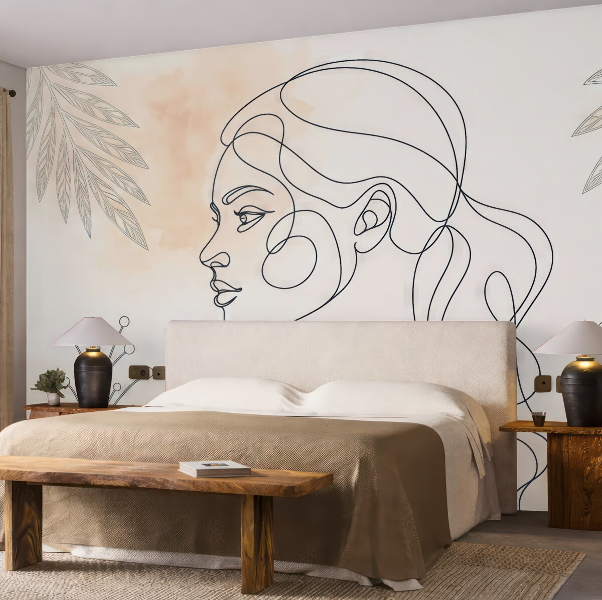 Fototapeta Oblicze kobiety, plamy w akwareli, liście.