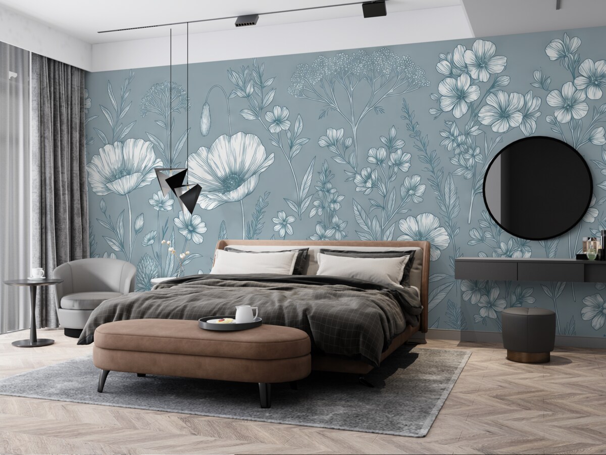 Fototapeta Kwiaty, dzikie kwiaty, rumianek, maki na jasnobeżowym tle.