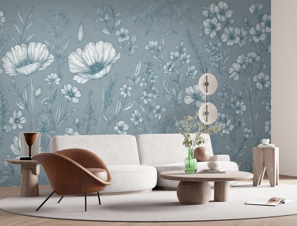 Fototapeta Kwiaty, dzikie kwiaty, rumianek, maki na jasnobeżowym tle.