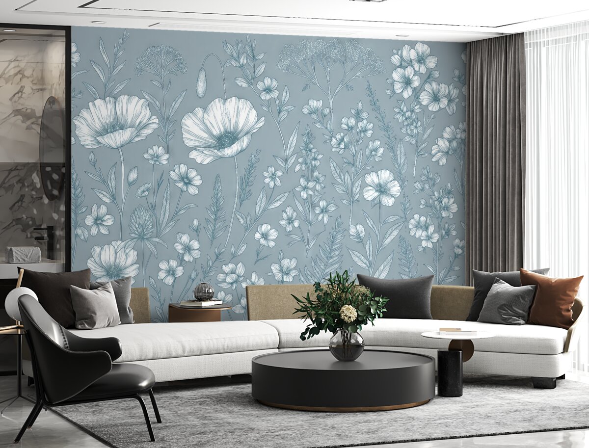 Fototapeta Kwiaty, dzikie kwiaty, rumianek, maki na jasnobeżowym tle.