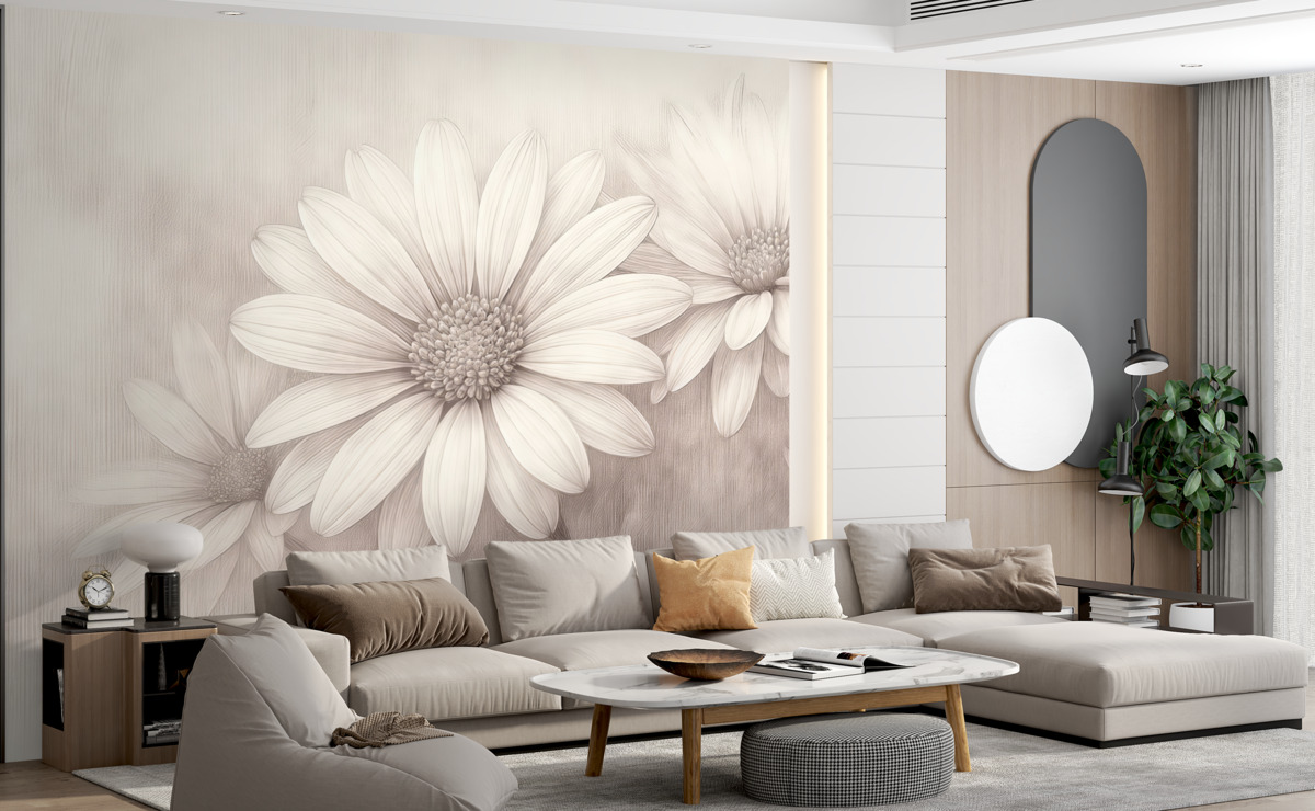 Fototapeta Drzewa w kwiatach w stylu retro na fakturowanej ścianie o odcieniu beżowym.