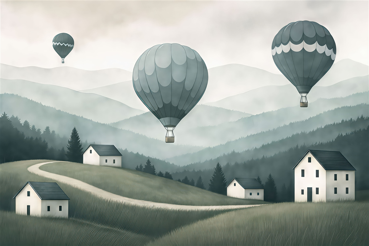 Fototapeta Balony nad pejzażem w tonach niebieskiego.