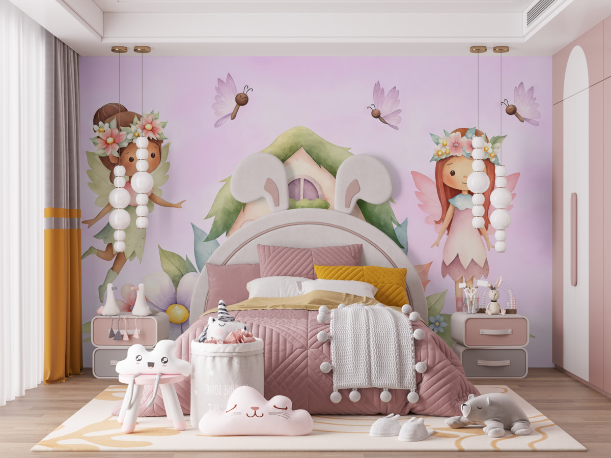 Fototapeta leśna chata i wróżki na różowym tle