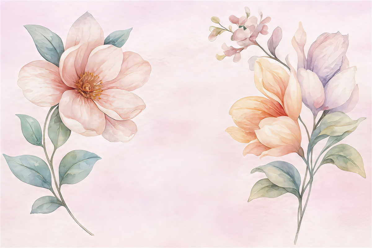 Fototapeta Wielkie kwiaty na różowym tle namalowane farbami akwarelowymi.