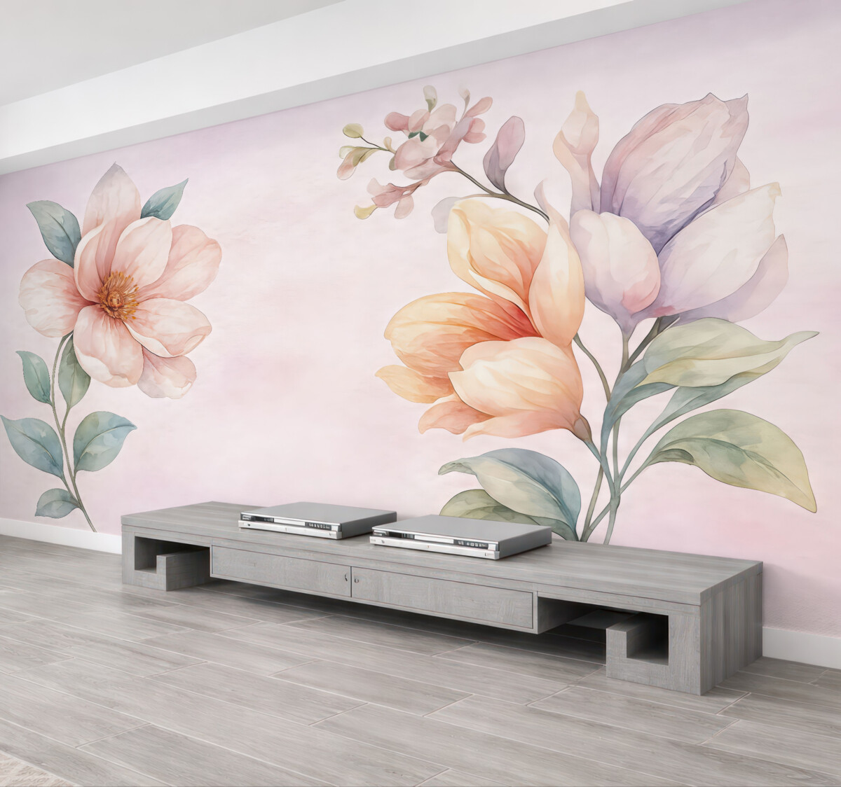 Fototapeta Wielkie kwiaty na różowym tle namalowane farbami akwarelowymi.