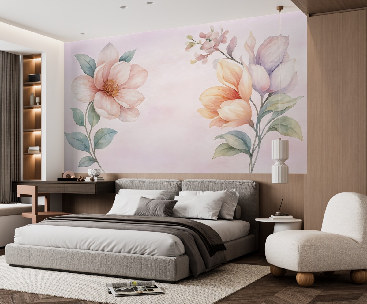 Fototapeta Wielkie kwiaty na różowym tle namalowane farbami akwarelowymi.