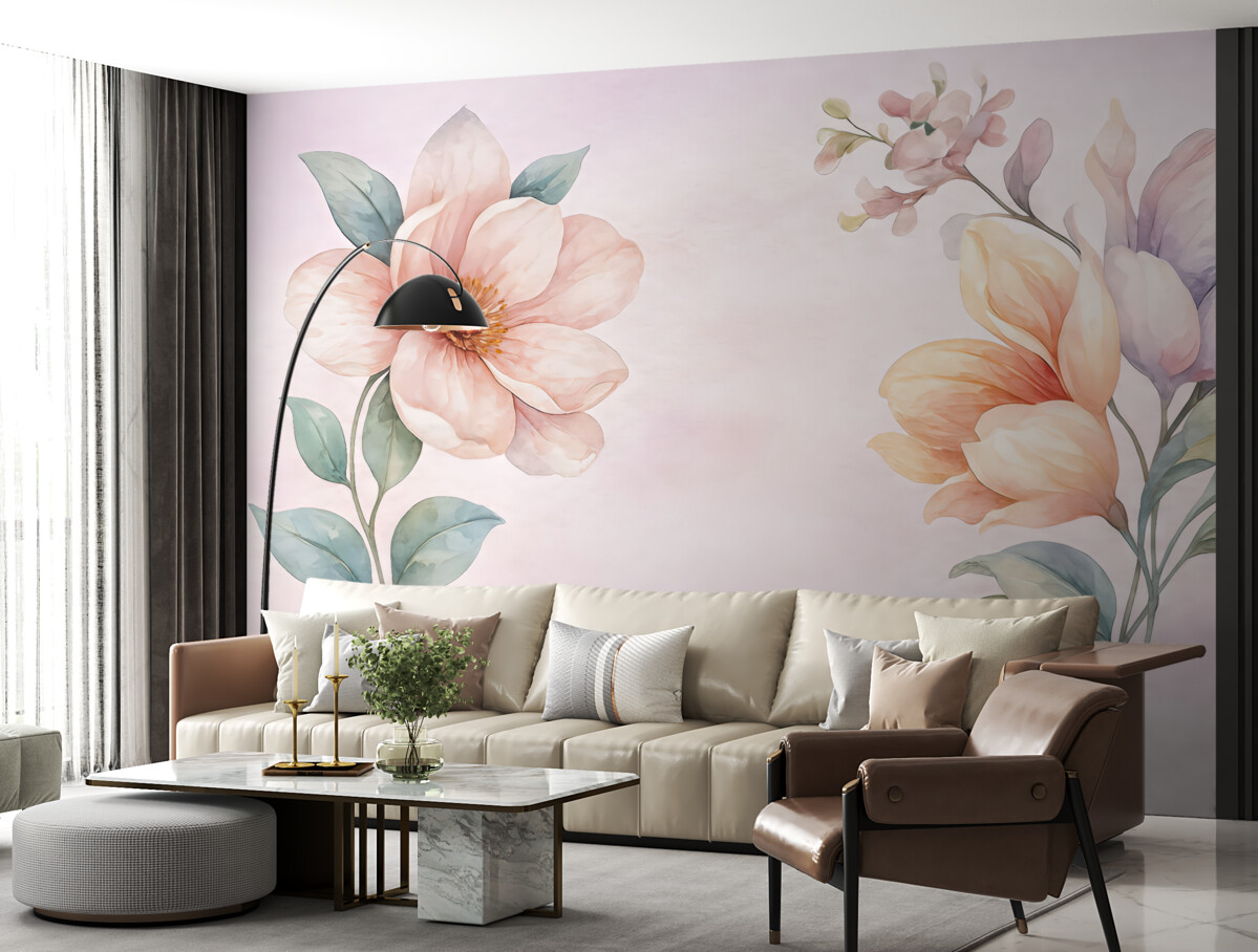 Fototapeta Wielkie kwiaty na różowym tle namalowane farbami akwarelowymi.