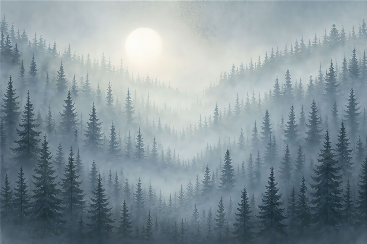 Fototapeta Bór w górach w mglistym otoczeniu.