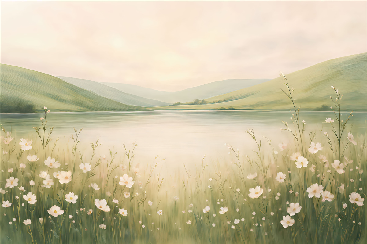 Fototapeta Łąka z kwiatami, naturalny pejzaż, staw, różowe rośliny, zielone pagórki.