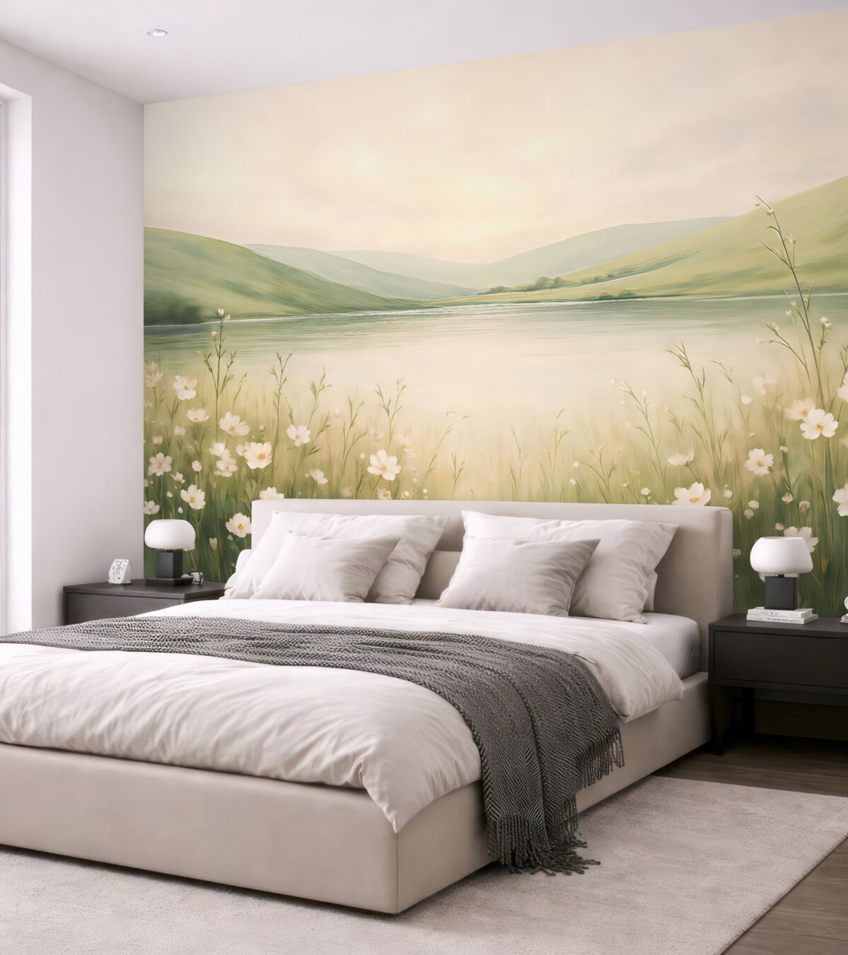 Fototapeta Łąka z kwiatami, naturalny pejzaż, staw, różowe rośliny, zielone pagórki.