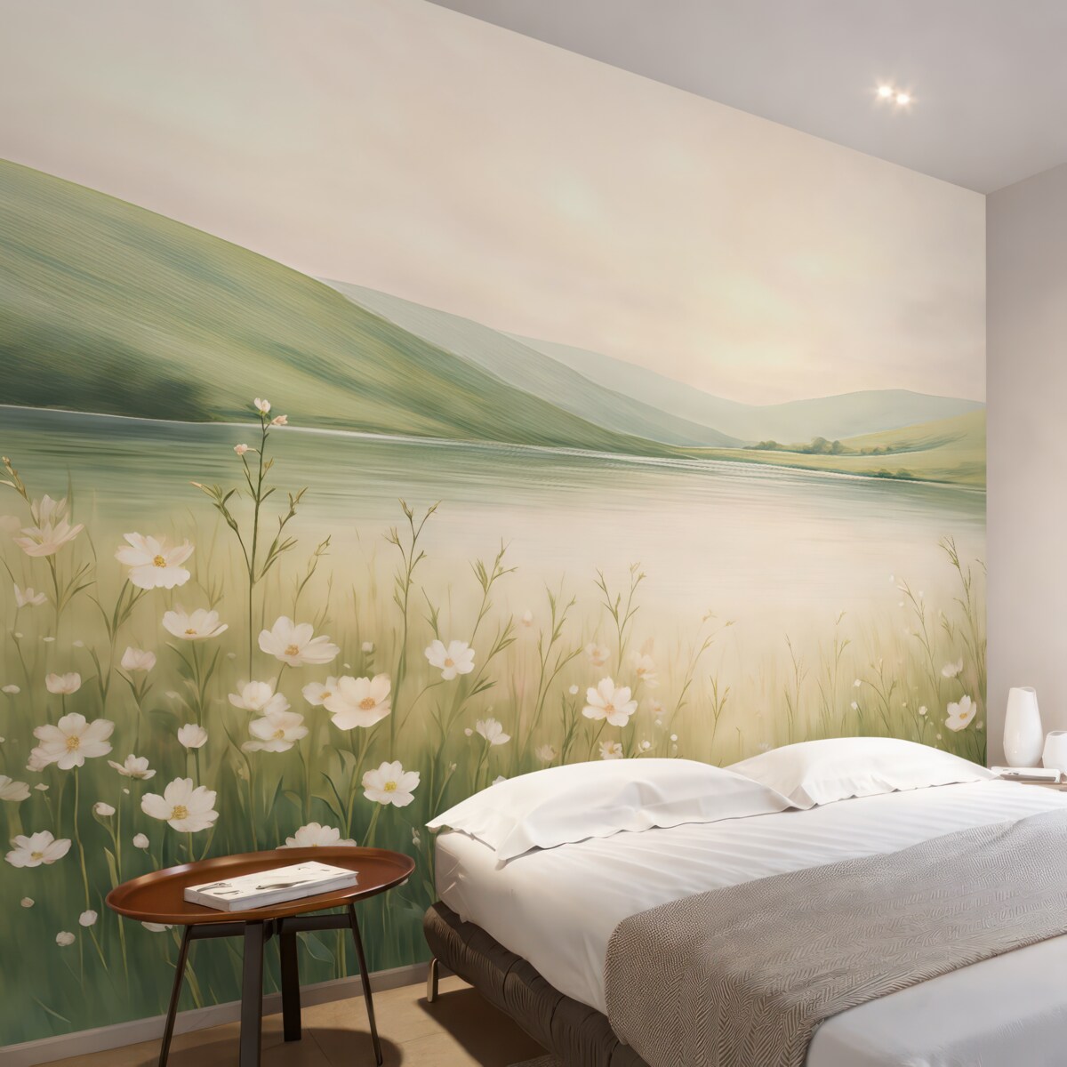 Fototapeta Łąka z kwiatami, naturalny pejzaż, staw, różowe rośliny, zielone pagórki.