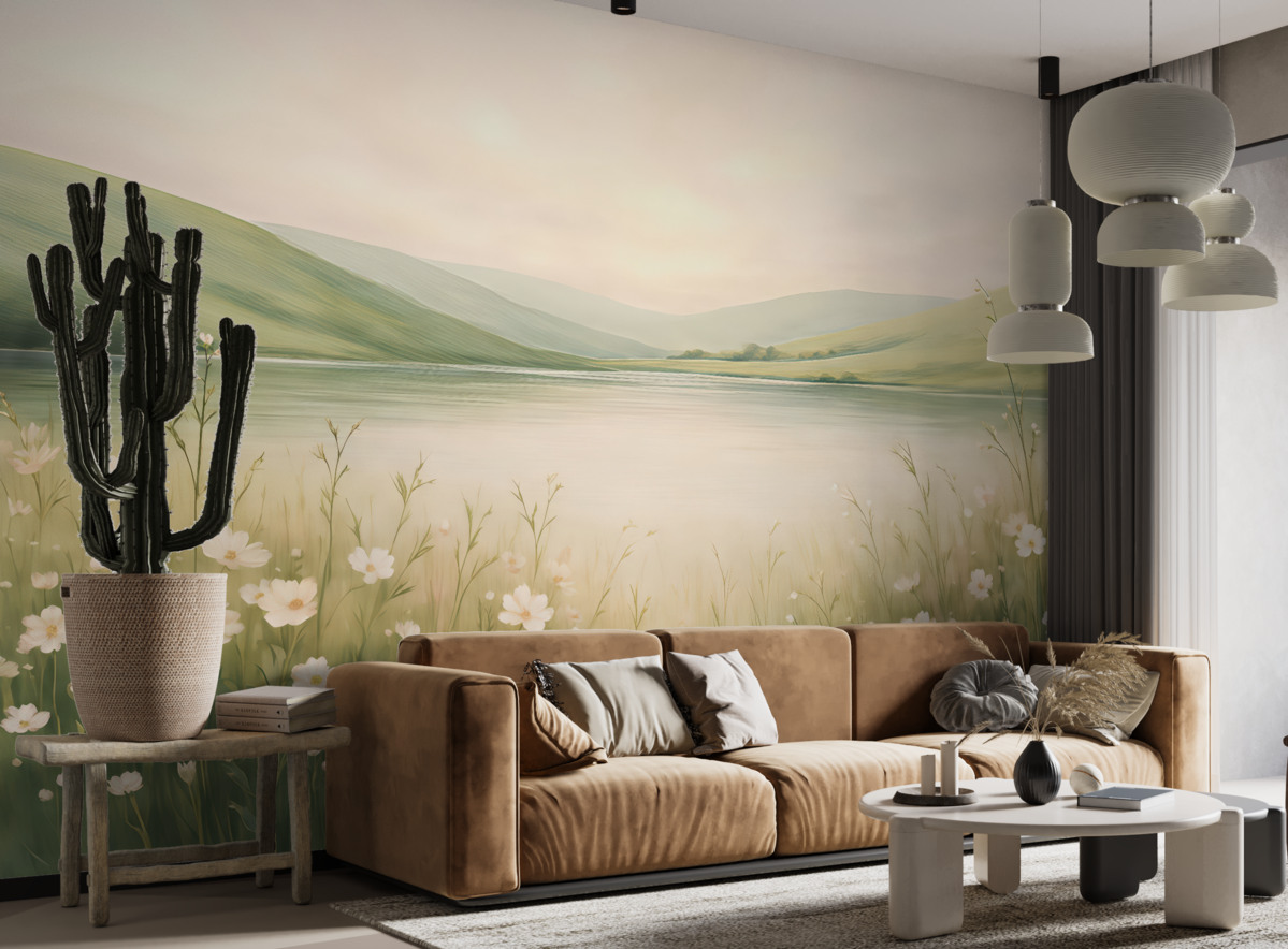 Fototapeta Łąka z kwiatami, naturalny pejzaż, staw, różowe rośliny, zielone pagórki.