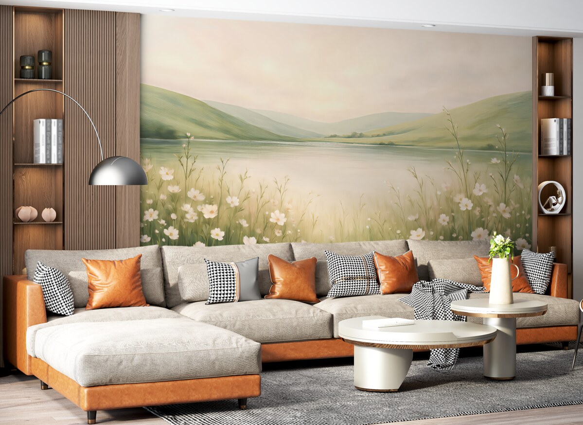 Fototapeta Łąka z kwiatami, naturalny pejzaż, staw, różowe rośliny, zielone pagórki.