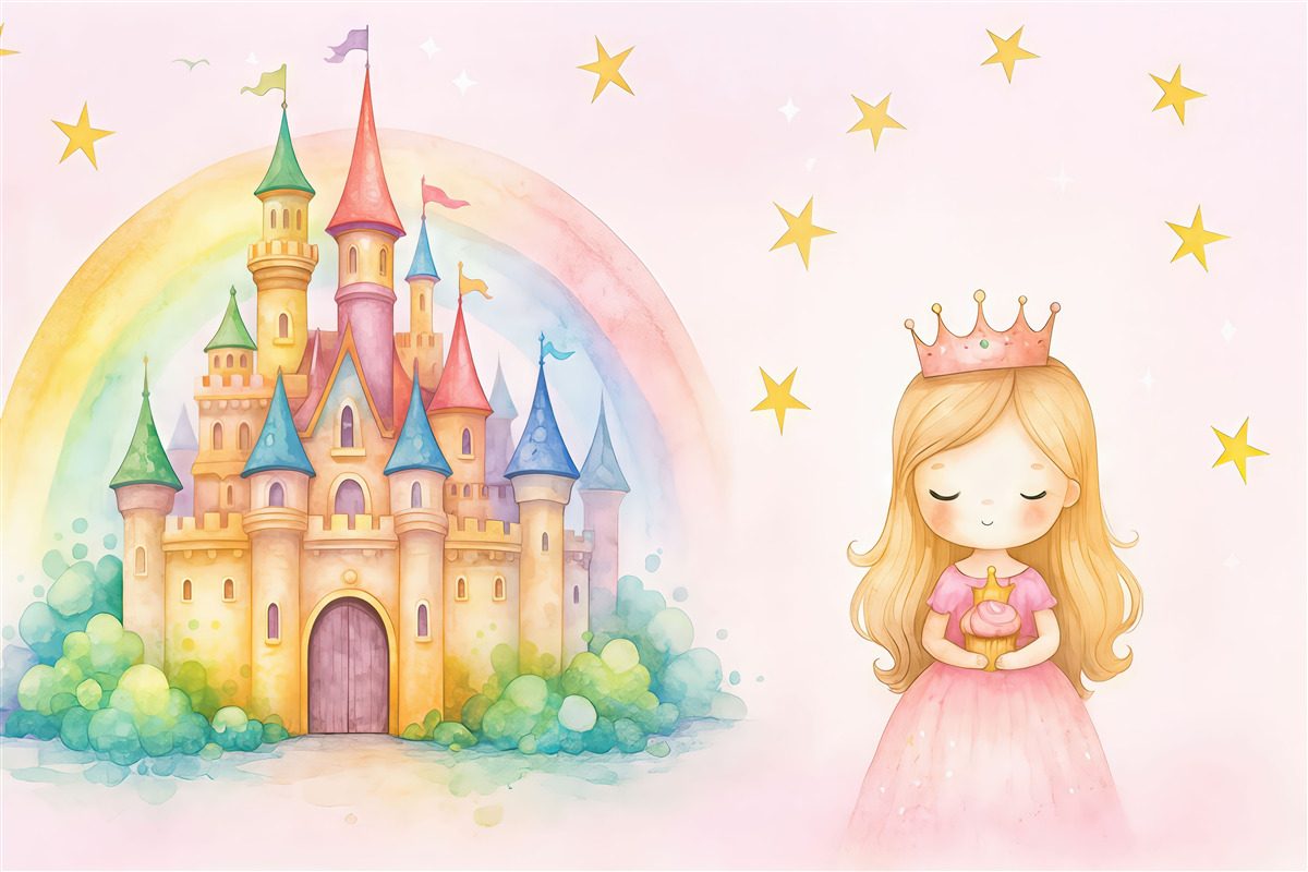 Fototapeta Księżniczka oraz niesamowity zamek namalowany farbami akwarelowymi.