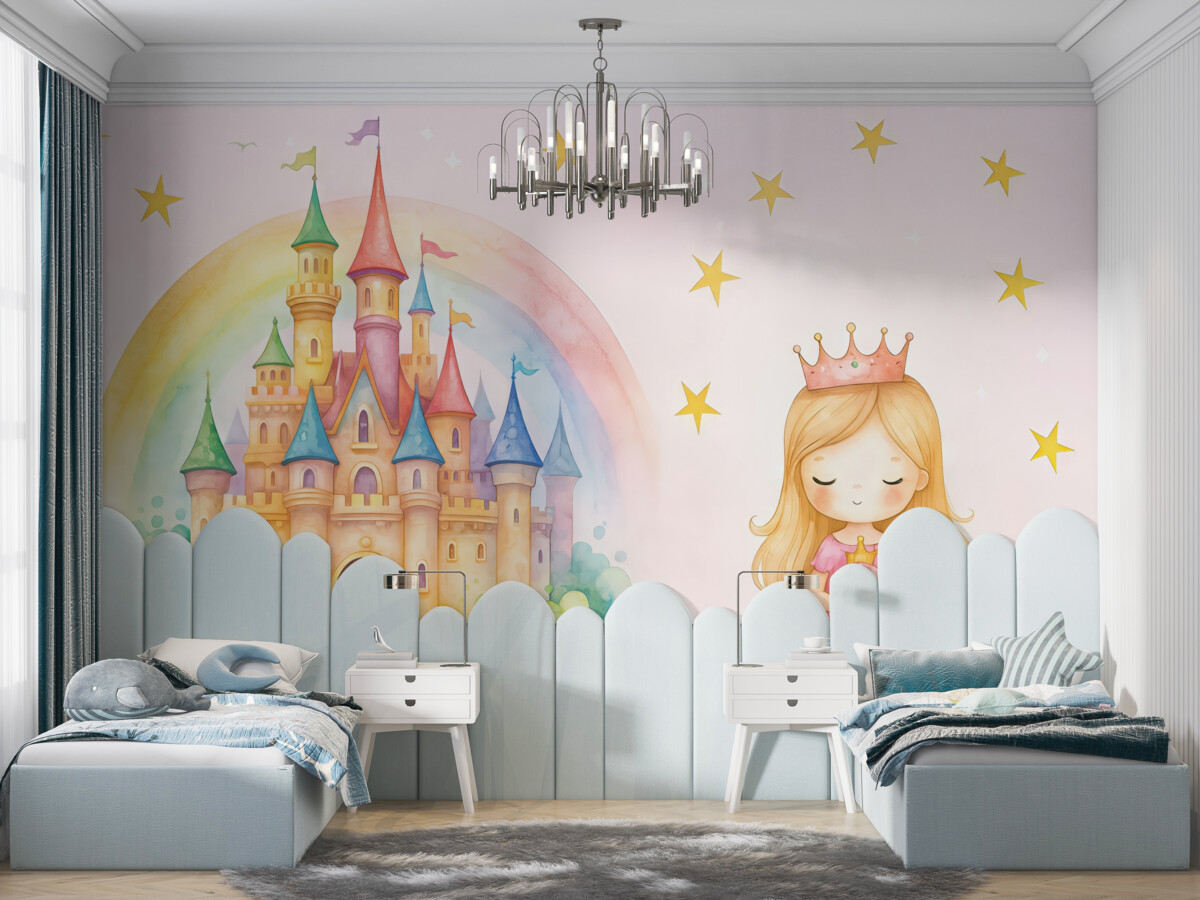 Fototapeta Księżniczka oraz niesamowity zamek namalowany farbami akwarelowymi.