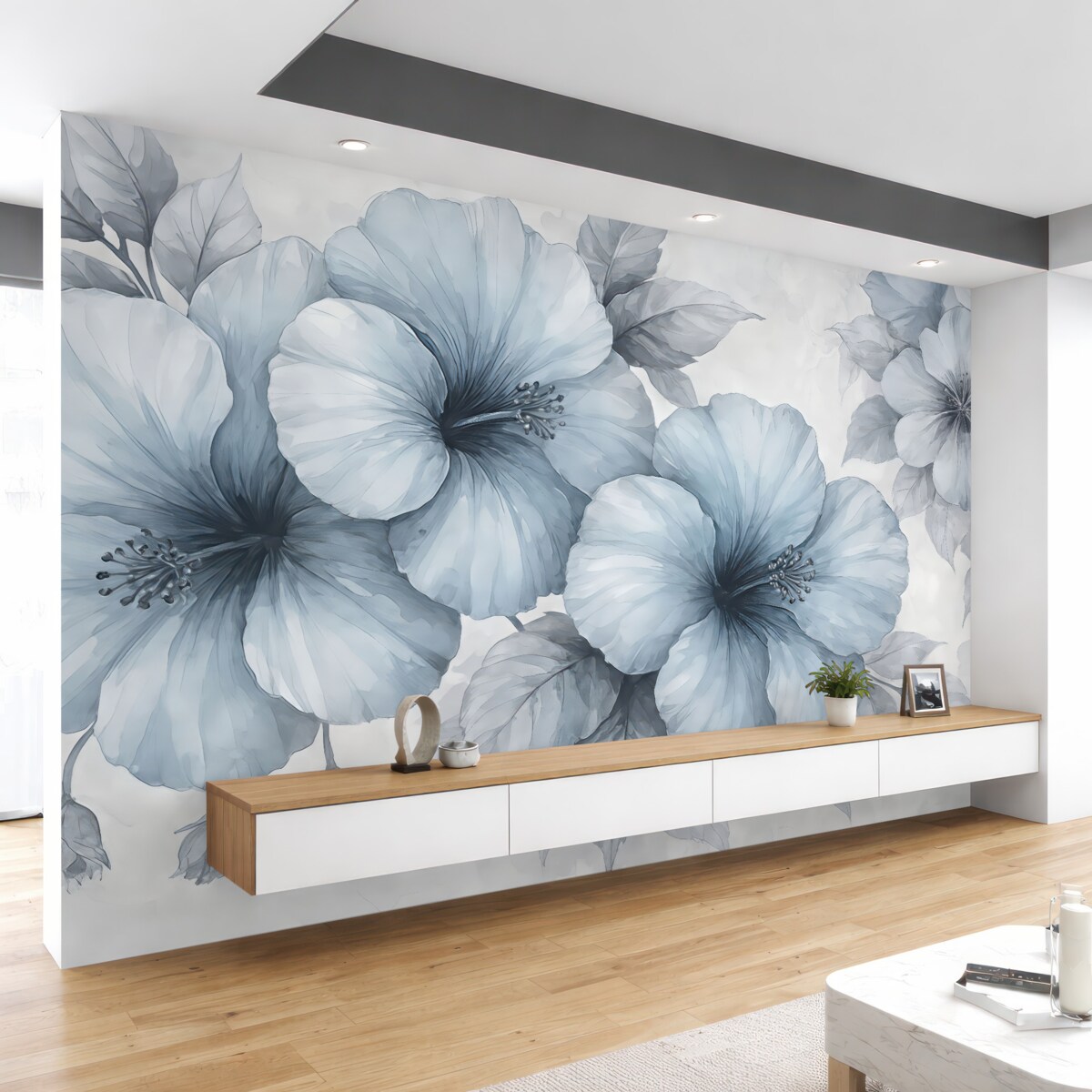 Fototapeta wielkie szaro-niebieskie kwiaty na betonowym podłożu