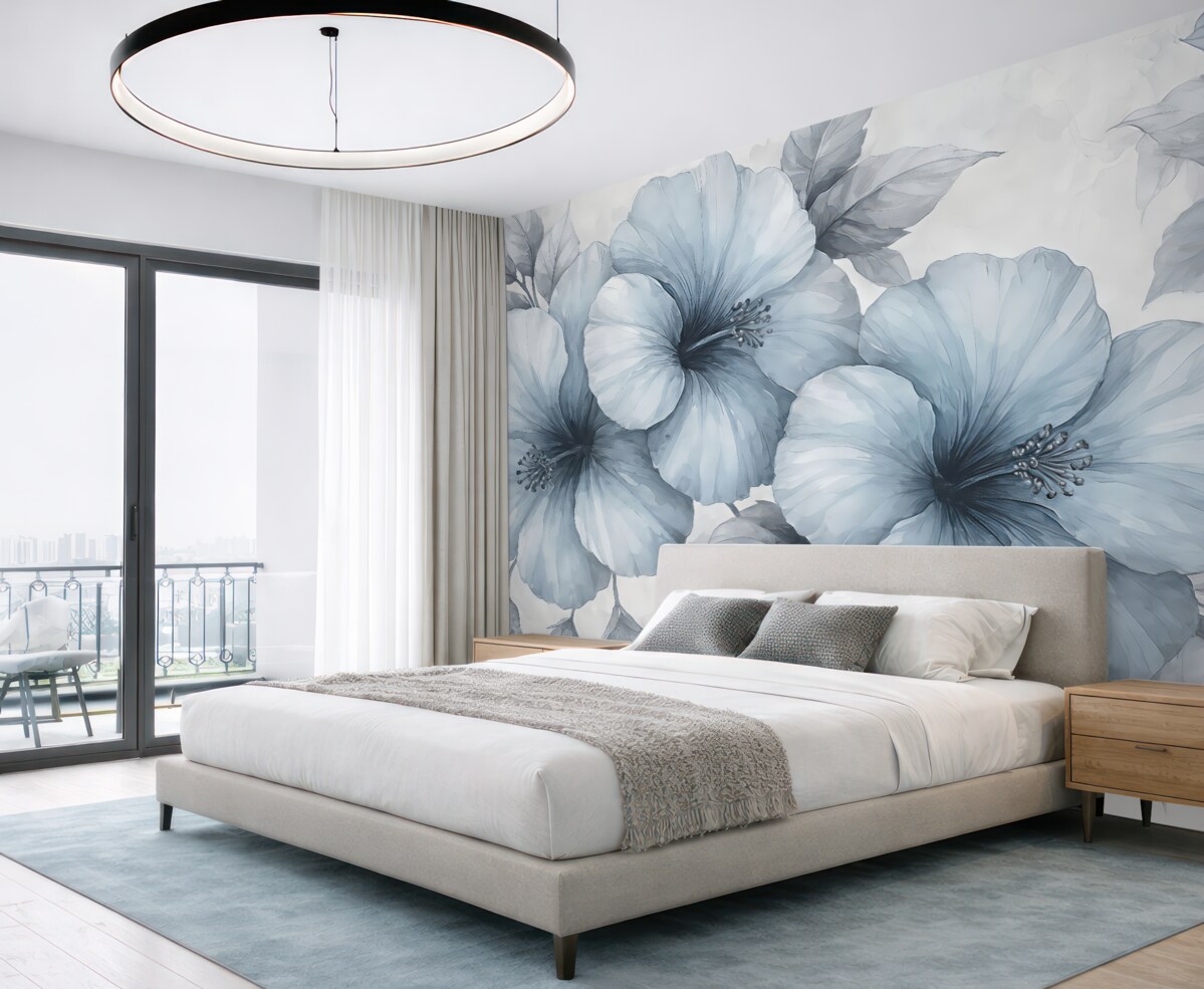 Fototapeta wielkie szaro-niebieskie kwiaty na betonowym podłożu