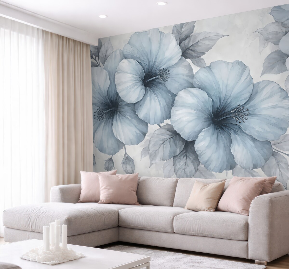 Fototapeta wielkie szaro-niebieskie kwiaty na betonowym podłożu