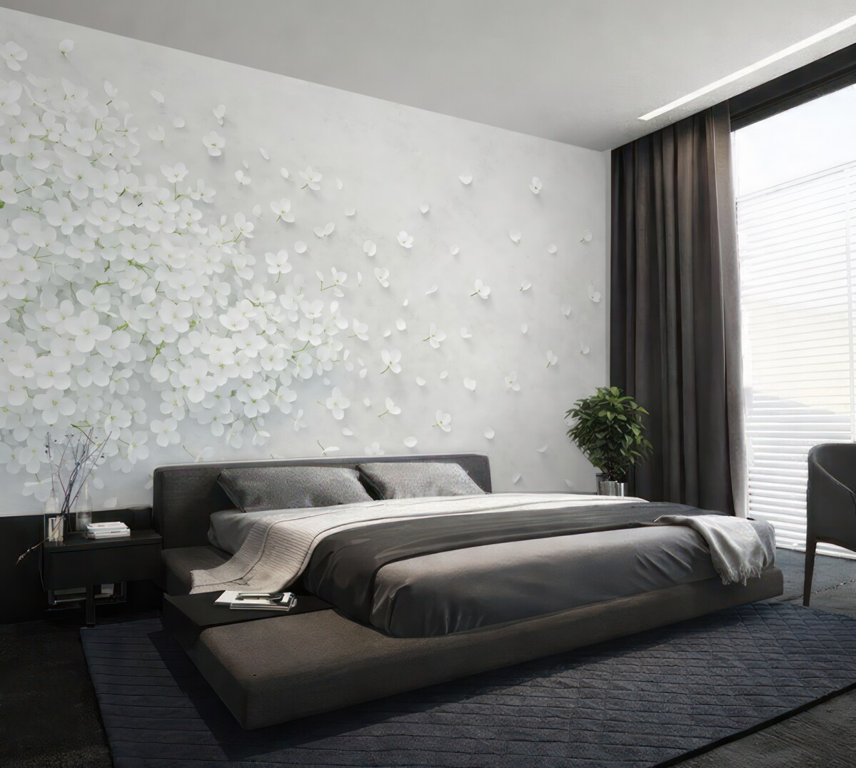 Fototapeta Białe kwiaty unoszące się na szarym tle.