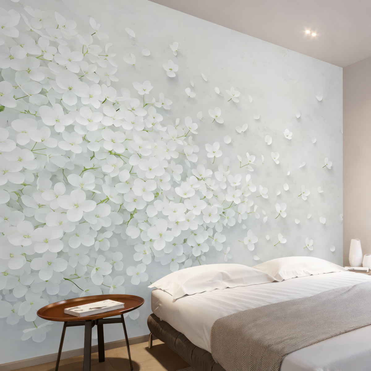 Fototapeta Białe kwiaty unoszące się na szarym tle.