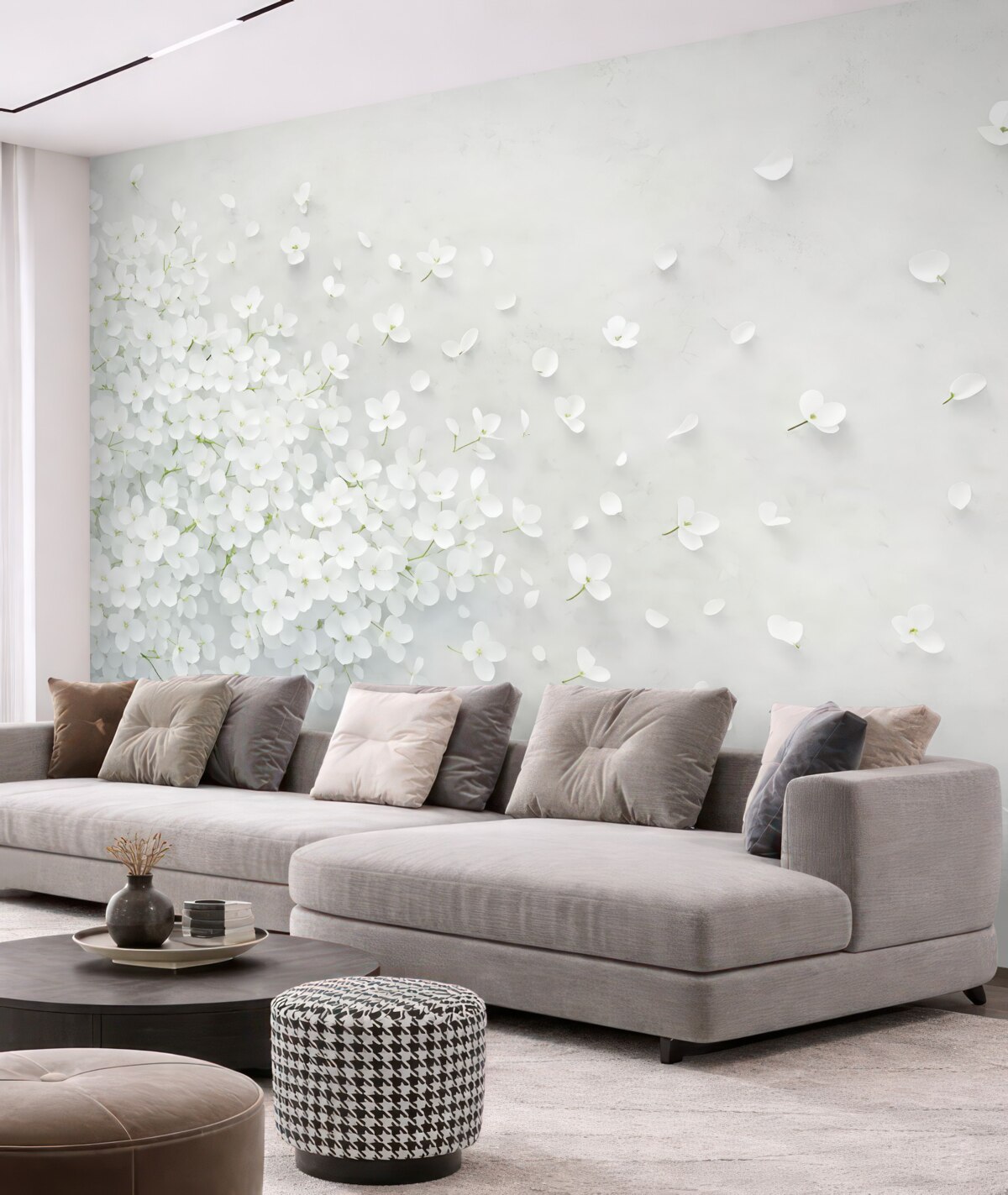 Fototapeta Białe kwiaty unoszące się na szarym tle.