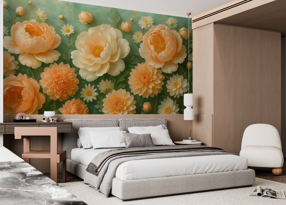 Fototapeta Delikatna aranżacja z piwonii i chryzantem na szmaragdowym tle.