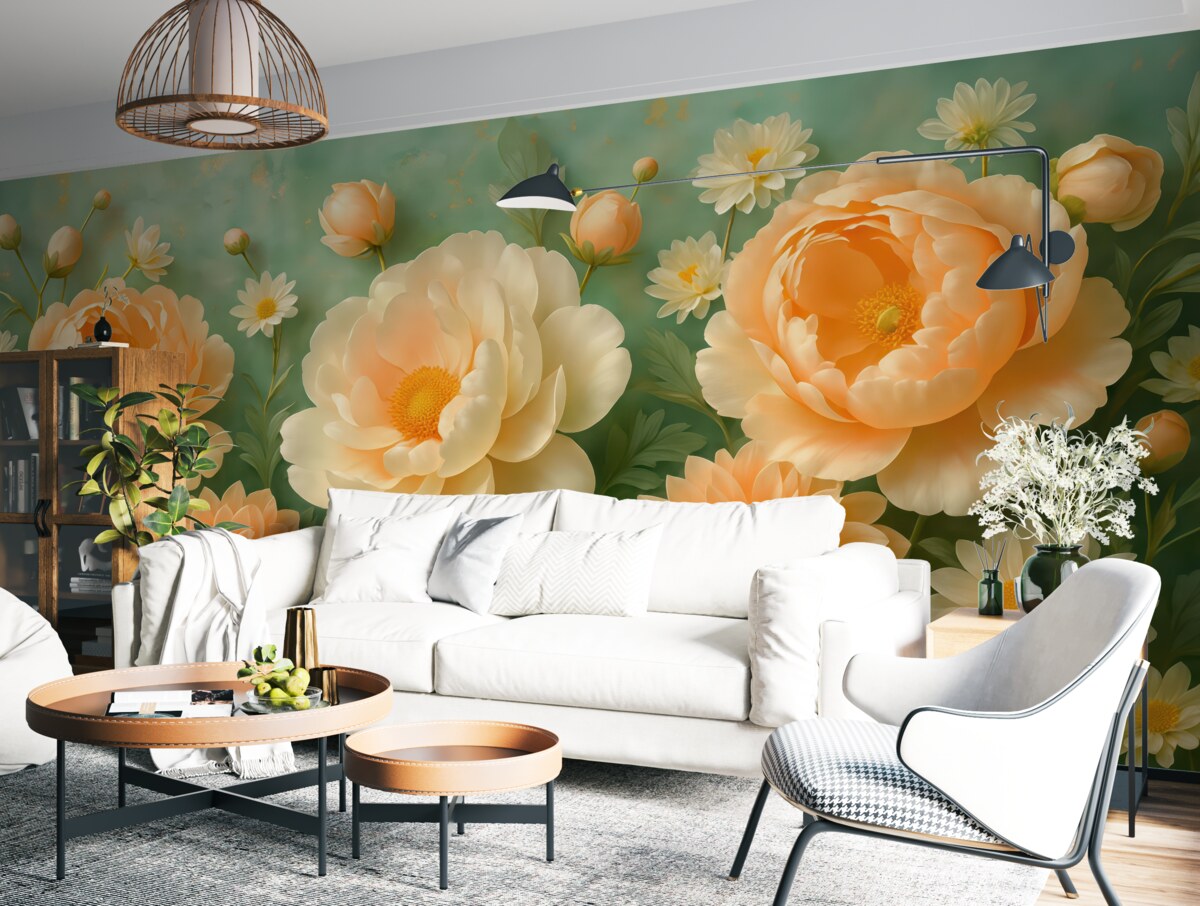 Fototapeta Delikatna aranżacja z piwonii i chryzantem na szmaragdowym tle.