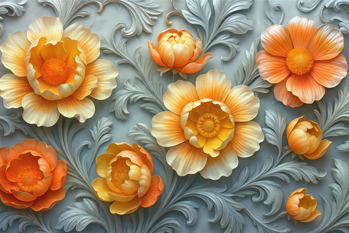 Fototapeta Ilustracja 3D abstrakcyjnych, jasnych kolorów kwiatów w stylu barokowym na tle roślinnym.