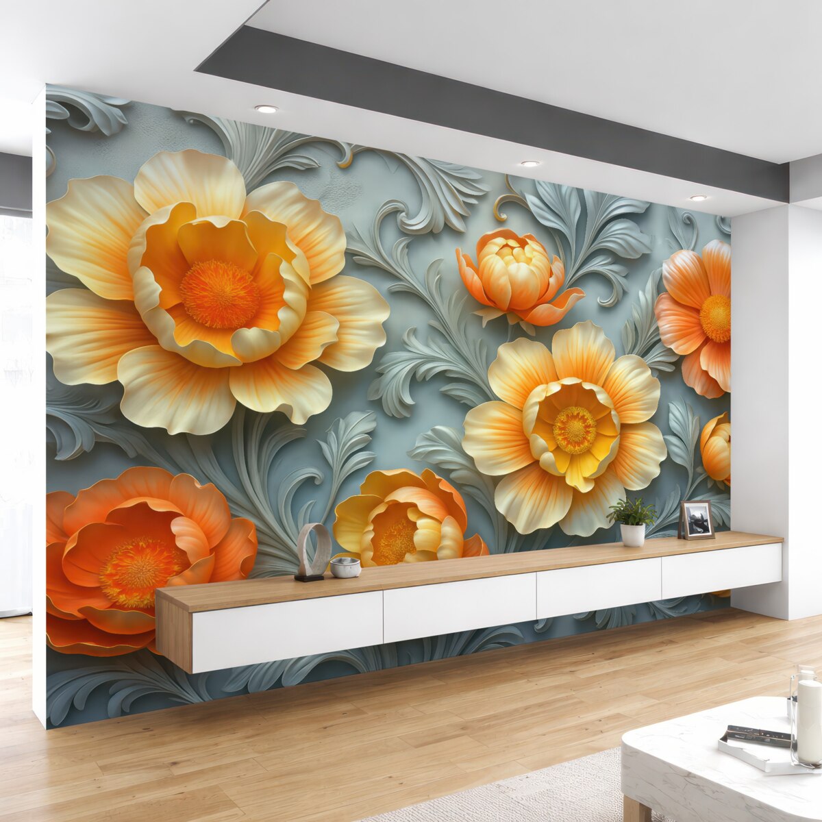 Fototapeta Ilustracja 3D abstrakcyjnych, jasnych kolorów kwiatów w stylu barokowym na tle roślinnym.