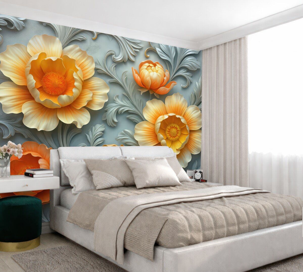 Fototapeta Ilustracja 3D abstrakcyjnych, jasnych kolorów kwiatów w stylu barokowym na tle roślinnym.