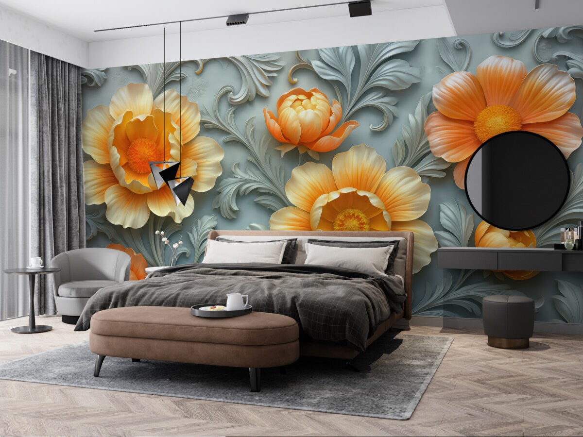 Fototapeta Ilustracja 3D abstrakcyjnych, jasnych kolorów kwiatów w stylu barokowym na tle roślinnym.