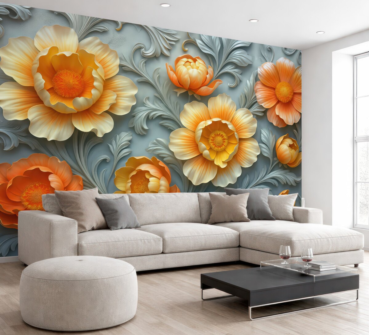 Fototapeta Ilustracja 3D abstrakcyjnych, jasnych kolorów kwiatów w stylu barokowym na tle roślinnym.