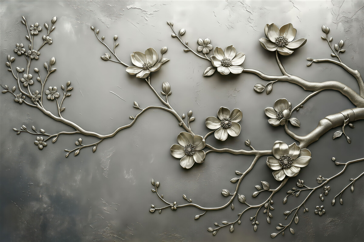 Fototapeta Na powierzchni znajduje się imitacja szarego metalu z wypukłościami w postaci kwiatów i roślin.