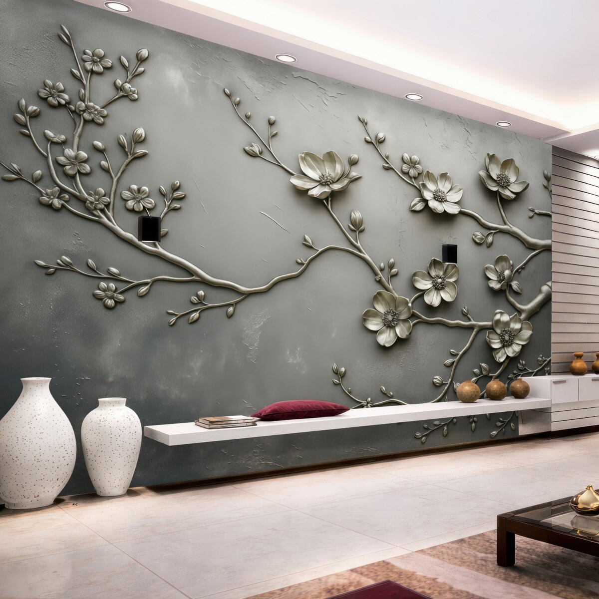 Fototapeta Na powierzchni znajduje się imitacja szarego metalu z wypukłościami w postaci kwiatów i roślin.