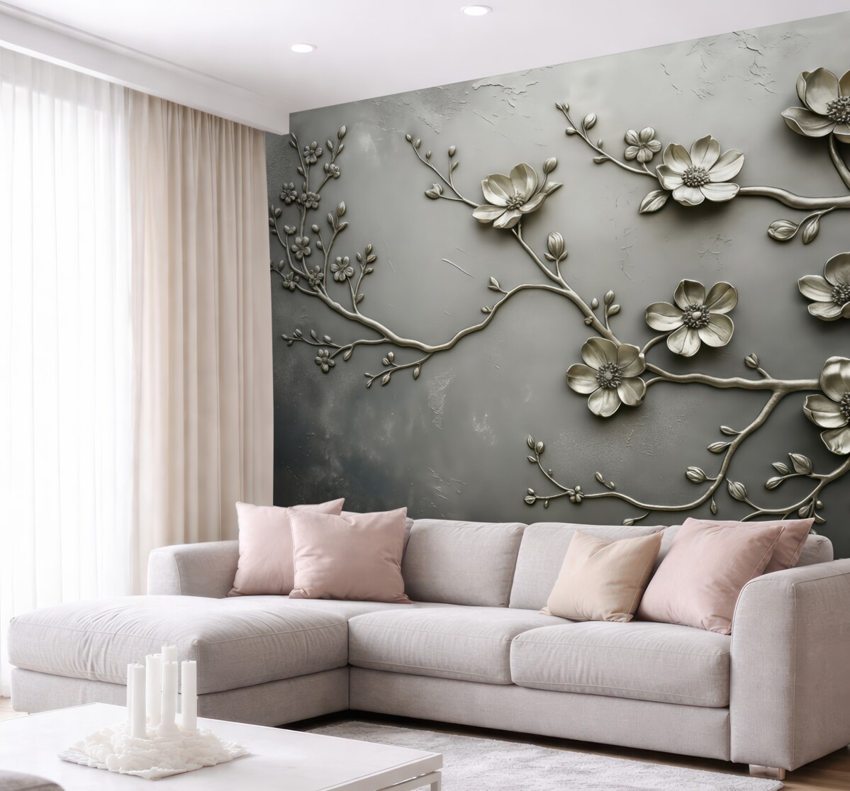 Fototapeta Na powierzchni znajduje się imitacja szarego metalu z wypukłościami w postaci kwiatów i roślin.