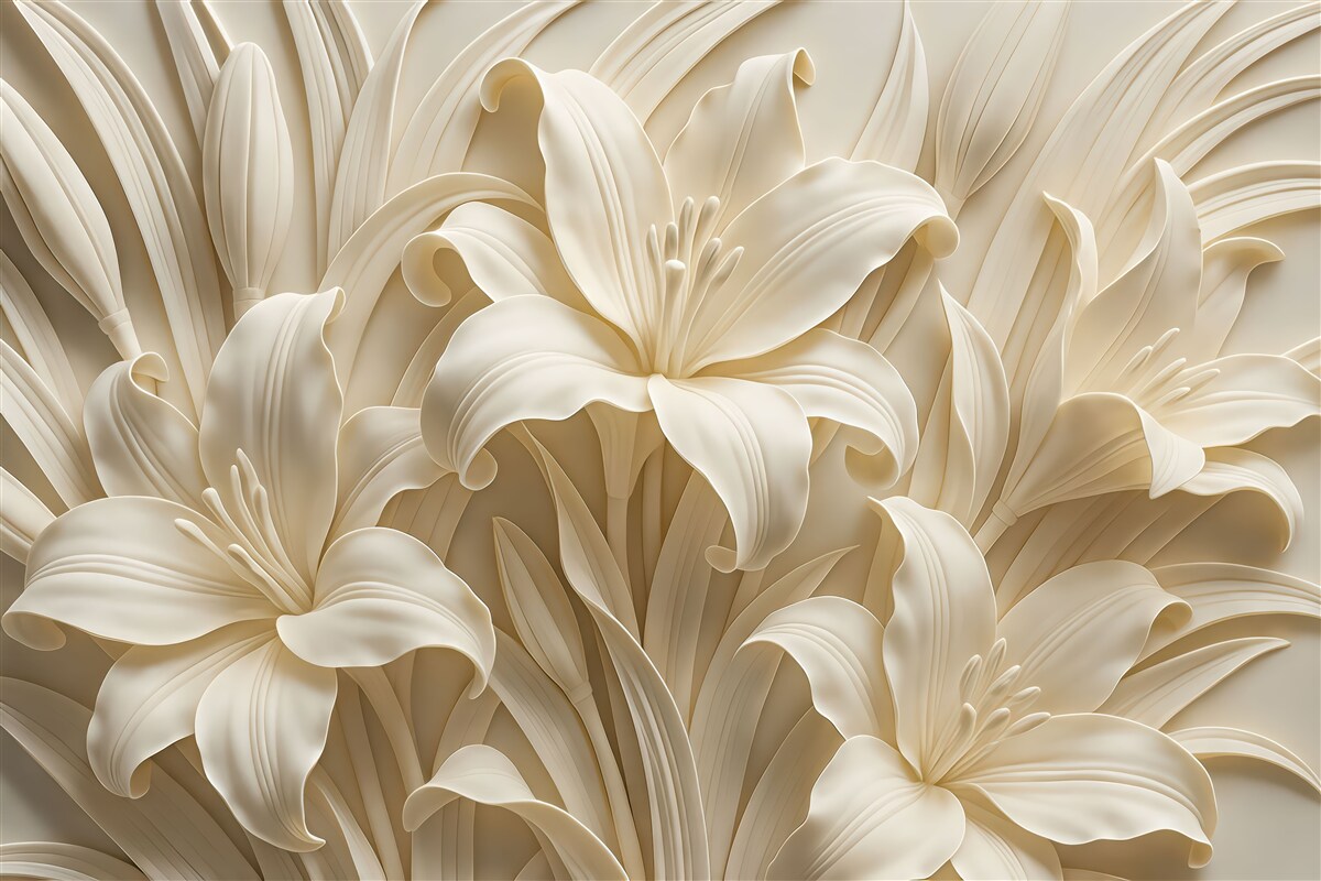 Fototapeta Stylowa beżowa płaskorzeźba 3D ukazująca rzeźbione lilie.