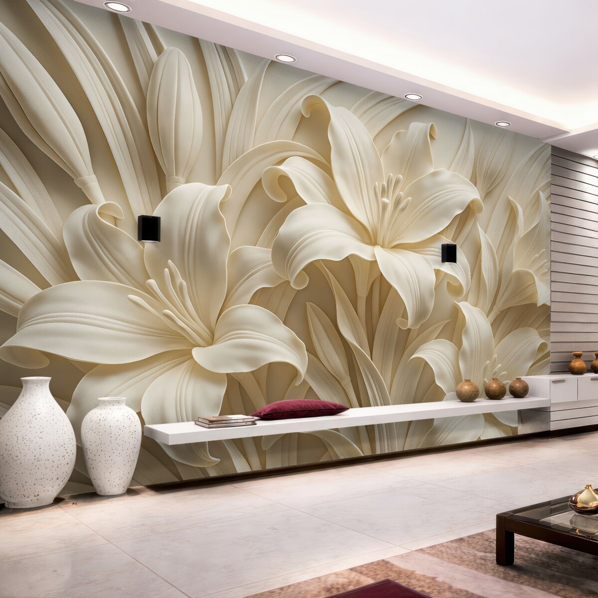 Fototapeta Stylowa beżowa płaskorzeźba 3D ukazująca rzeźbione lilie.
