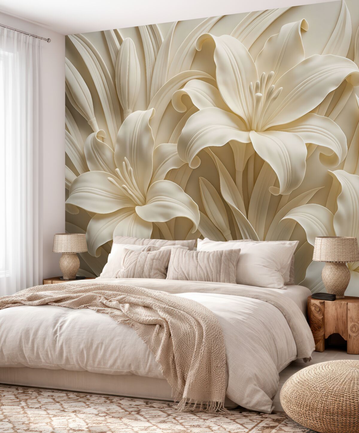 Fototapeta Stylowa beżowa płaskorzeźba 3D ukazująca rzeźbione lilie.