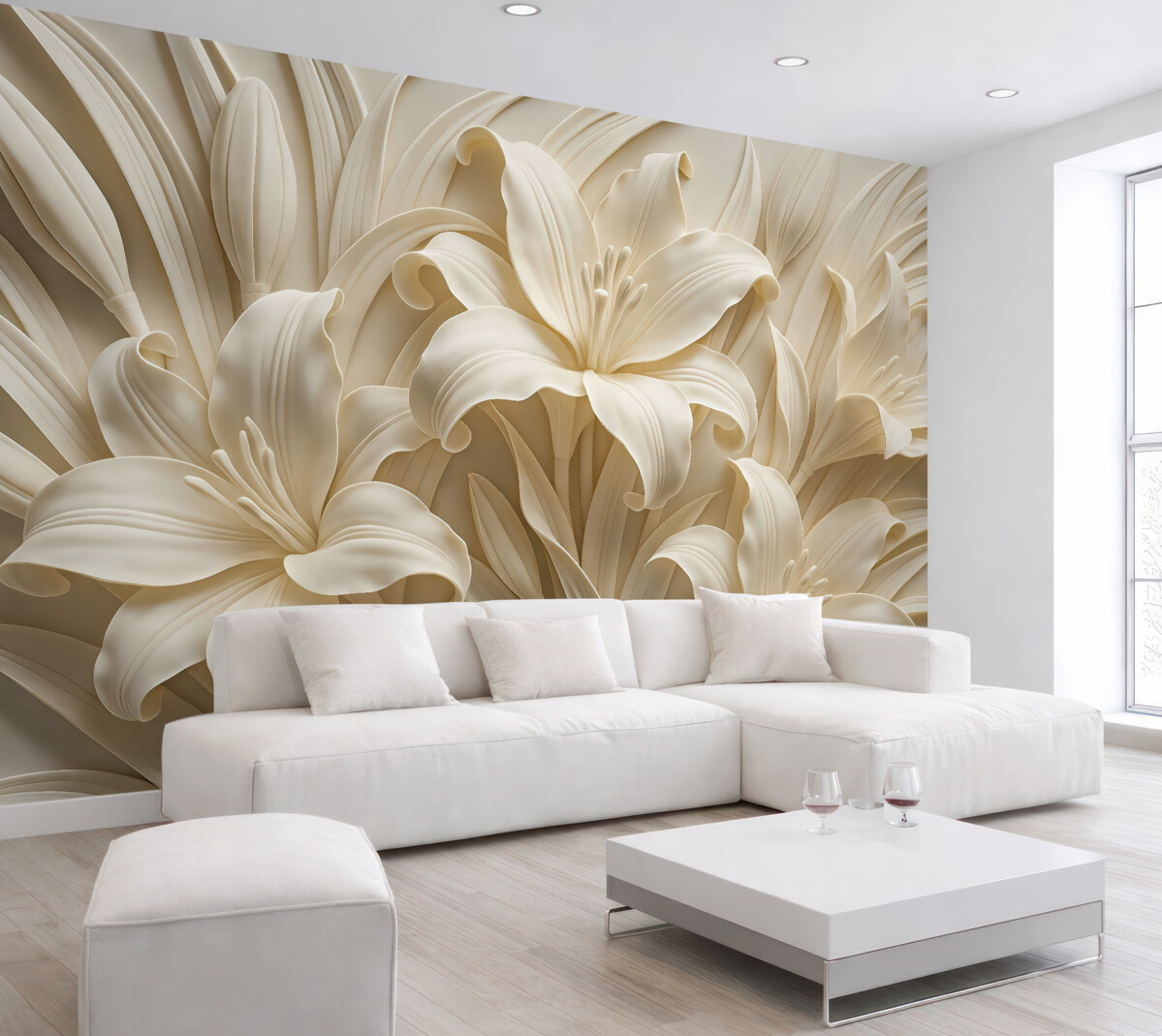 Fototapeta Stylowa beżowa płaskorzeźba 3D ukazująca rzeźbione lilie.