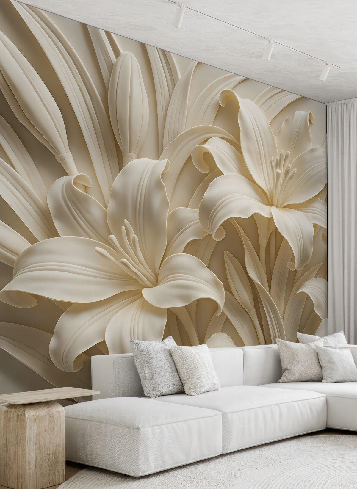 Fototapeta Stylowa beżowa płaskorzeźba 3D ukazująca rzeźbione lilie.