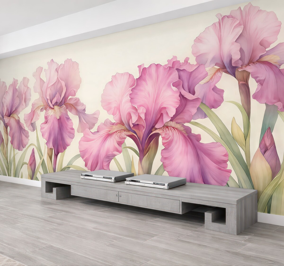 Fototapeta Kwitnące różowe fioletowe irysy w akwareli.