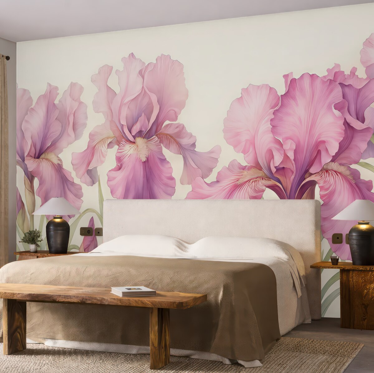 Fototapeta Kwitnące różowe fioletowe irysy w akwareli.