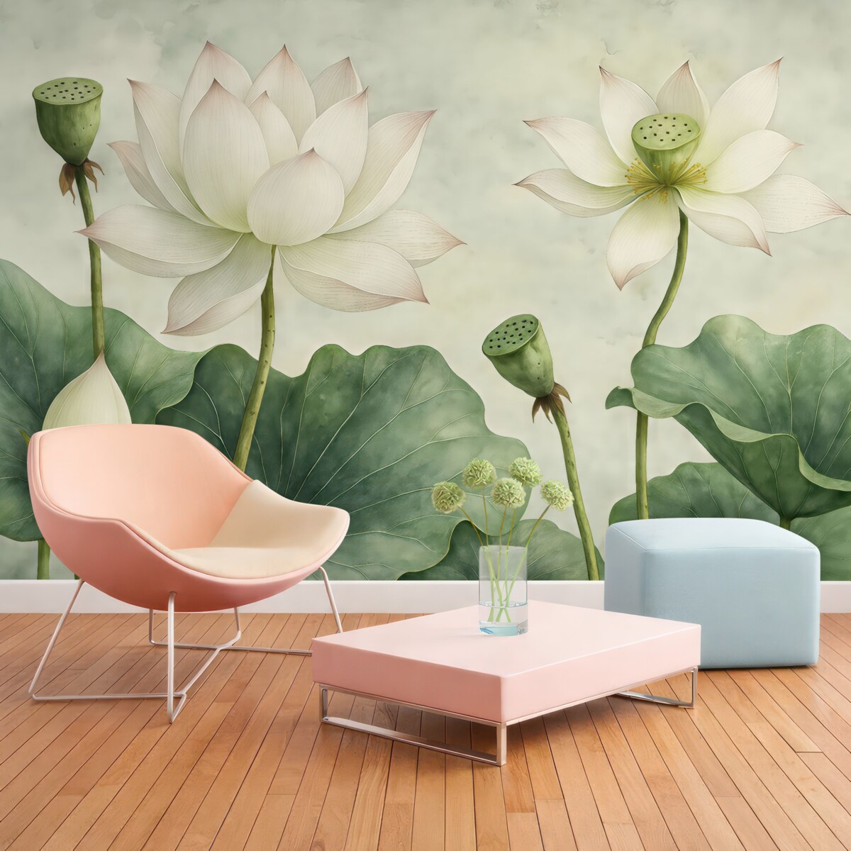 Fototapeta Kwiaty lotosu, akwarela, przyroda, układ kwiatowy, duże liście, subtelne kolory.