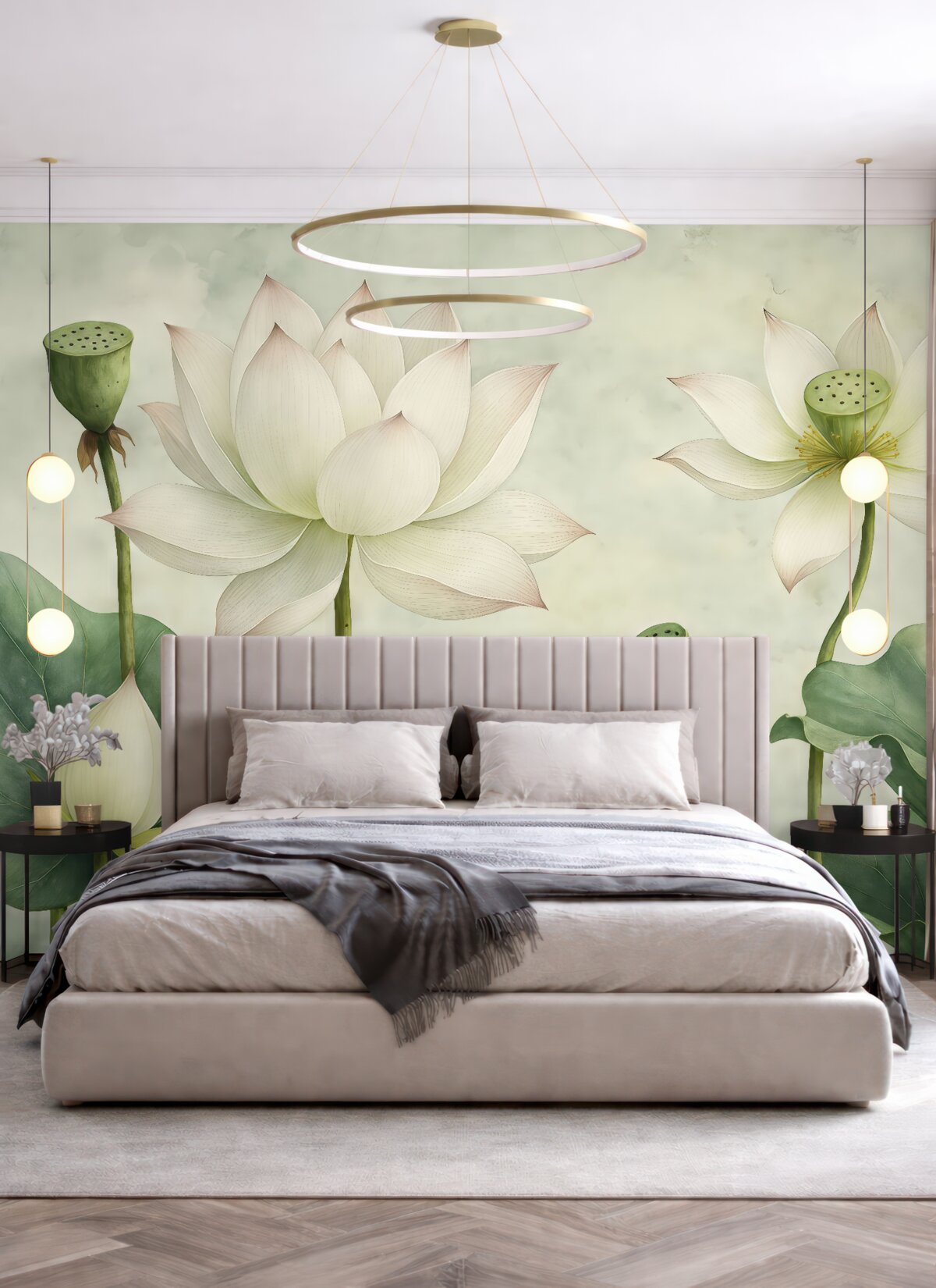 Fototapeta Kwiaty lotosu, akwarela, przyroda, układ kwiatowy, duże liście, subtelne kolory.