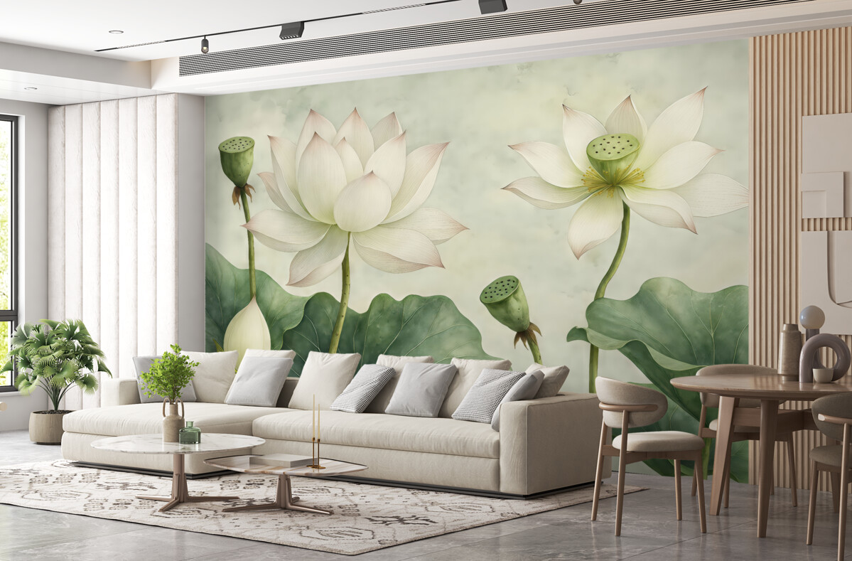 Fototapeta Kwiaty lotosu, akwarela, przyroda, układ kwiatowy, duże liście, subtelne kolory.