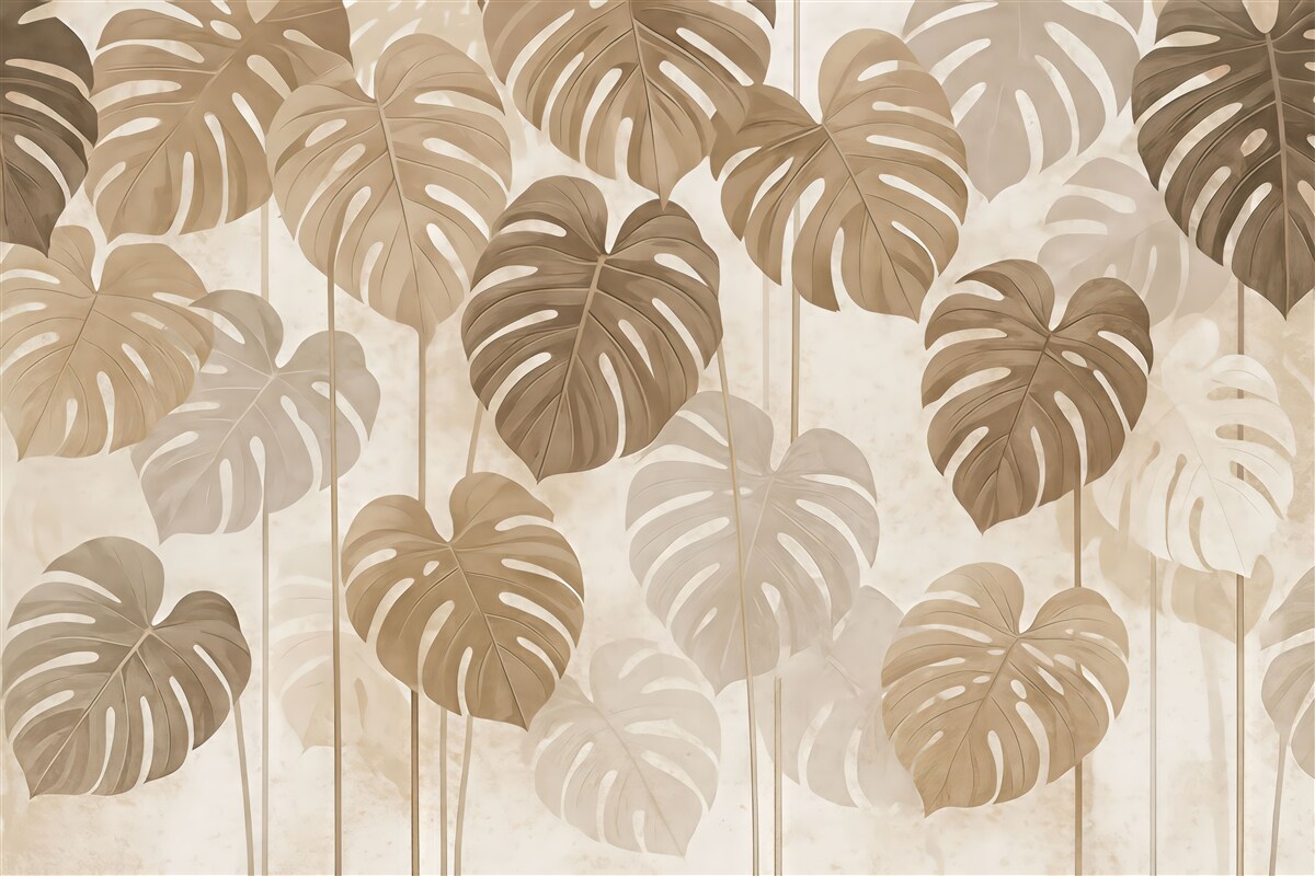 Fototapeta Monstera tropikalna pozostawia jasne tonacje beżu.