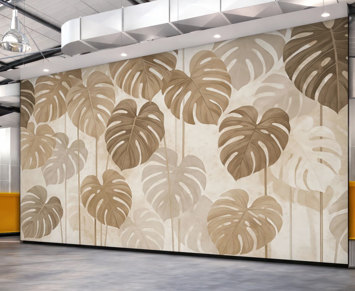 Fototapeta Monstera tropikalna pozostawia jasne tonacje beżu.