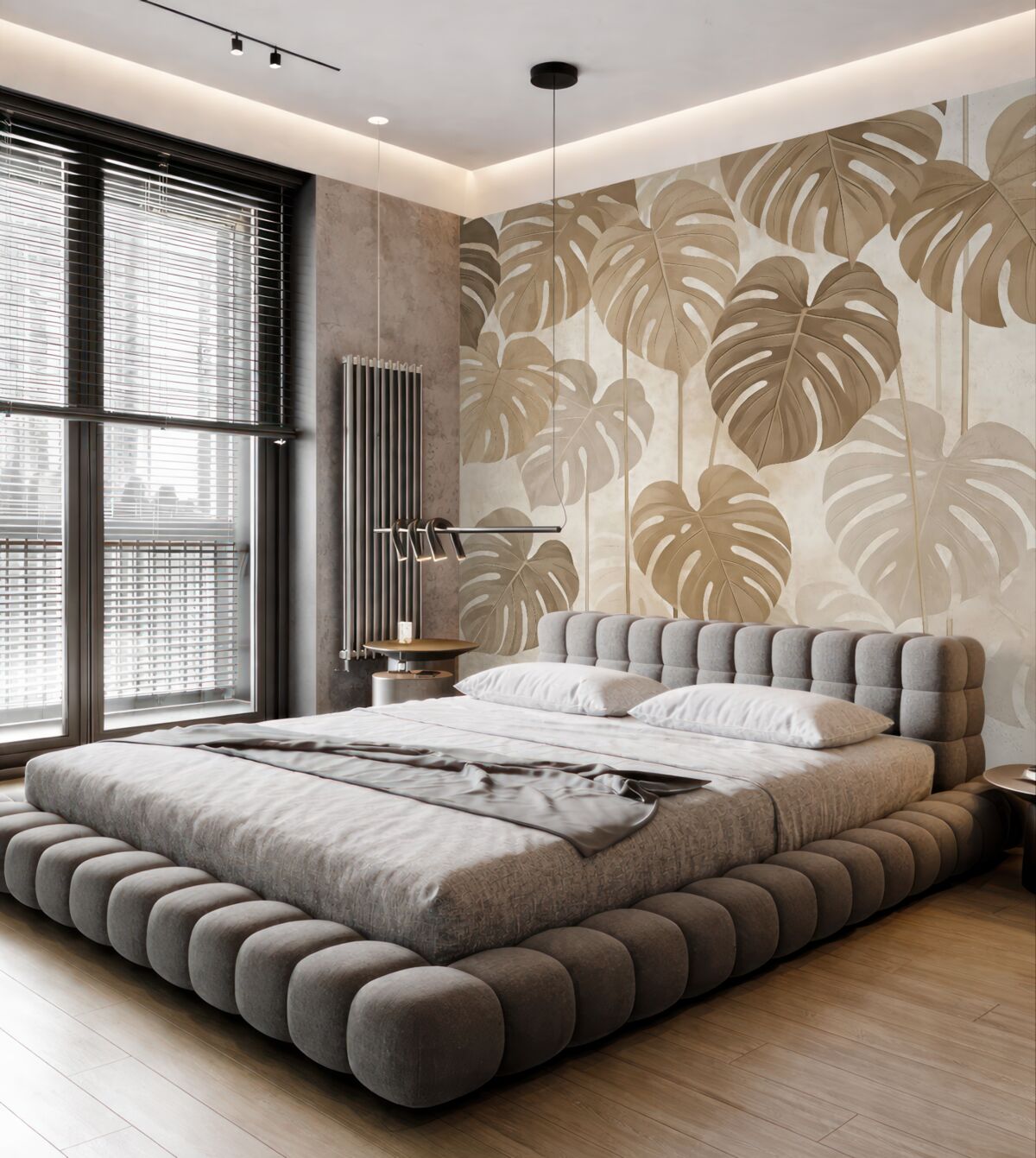 Fototapeta Monstera tropikalna pozostawia jasne tonacje beżu.